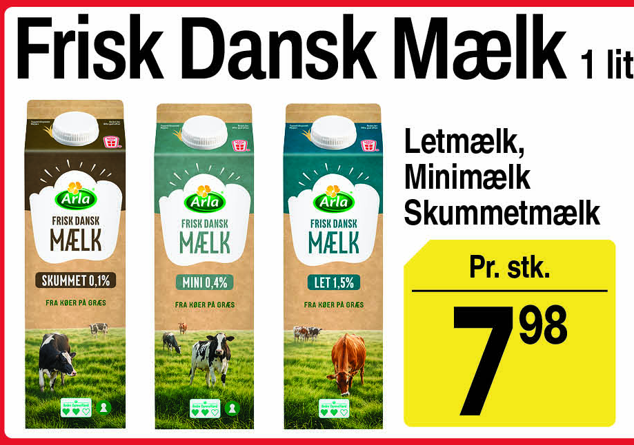 Arla frisk dansk let-, mini- og skummetmælk